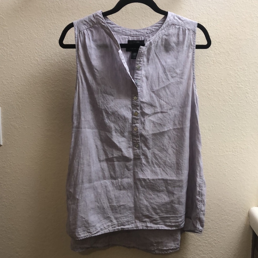 New Tahari 100% linen textured half button down relaxed fit sleeveless blouse